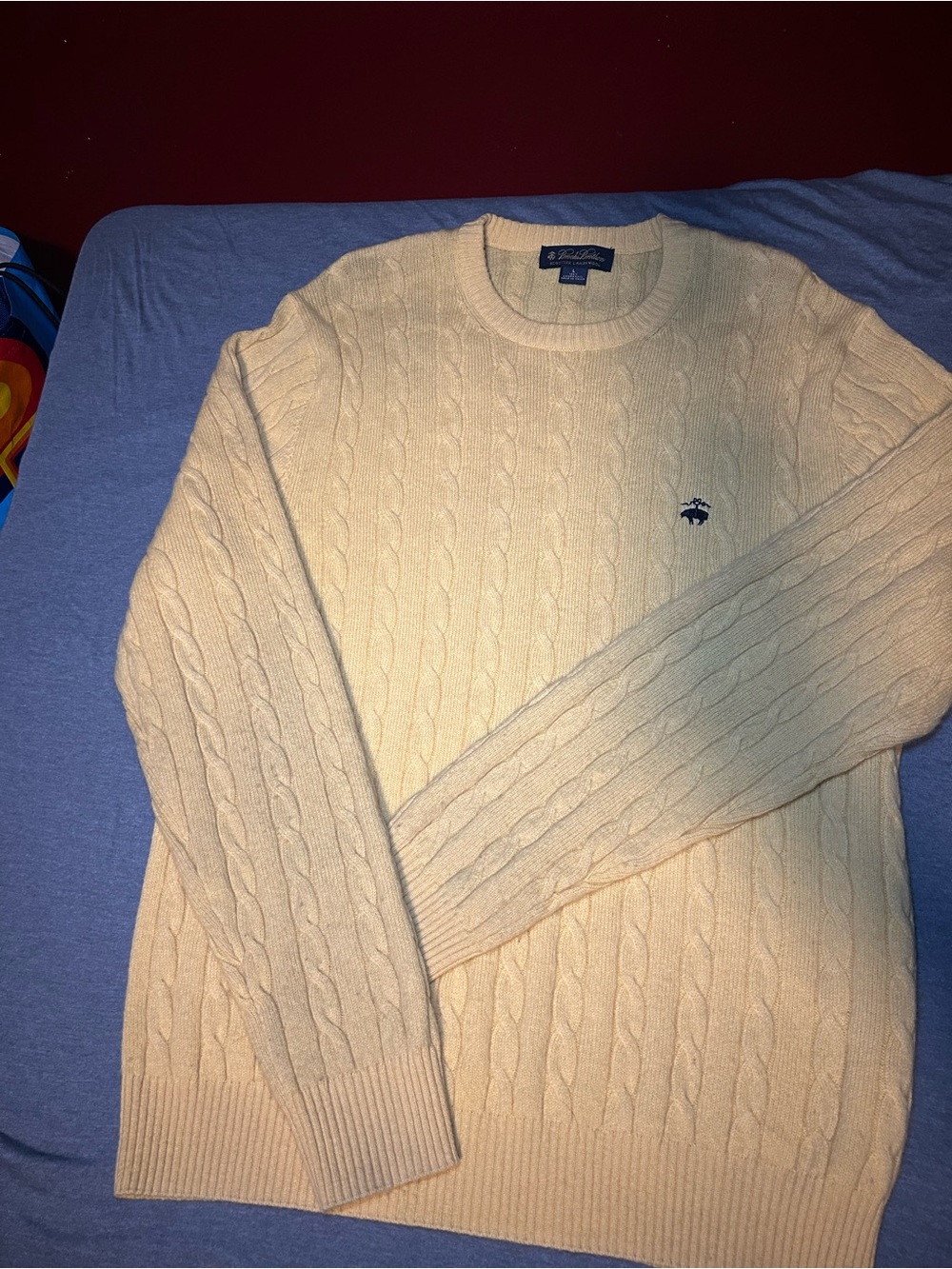 Brooks Brothers Yellow 100% Lambswool Large Logo Cable-Knit Crewneck Sweater